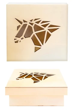 BOITE EN BOIS DECOUPE ORIGAMI LICORNE 11.3 X 11.3 X 5CM