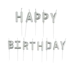 BOUGIES LETTRES HAPPY BIRTHDAY ET PIC PLASTIQUE H.3CM ARGENT