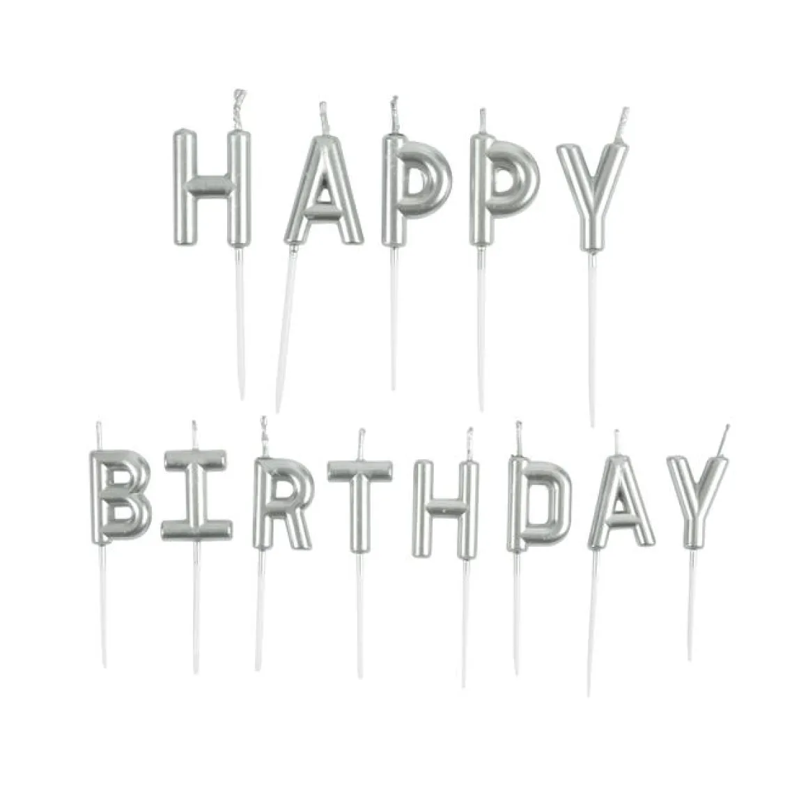 BOUGIES LETTRES HAPPY BIRTHDAY ET PIC PLASTIQUE H.3CM ARGENT
