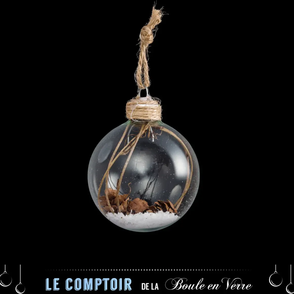 BOULE DE NOEL VERRE BRANCHE ET POMME DE PIN 6CM
