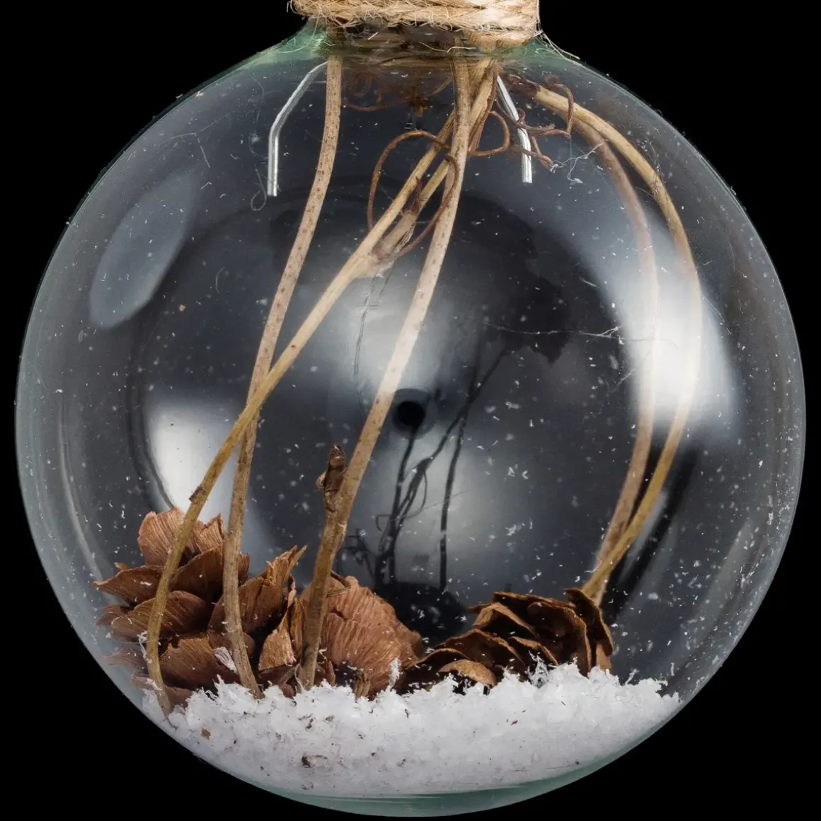 BOULE DE NOEL VERRE BRANCHE ET POMME DE PIN 6CM