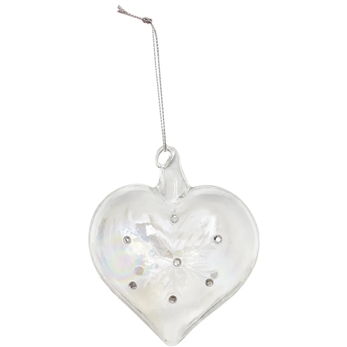 BOULE EN VERRE ARGENTEE IRISEE FORME COEUR 8CM