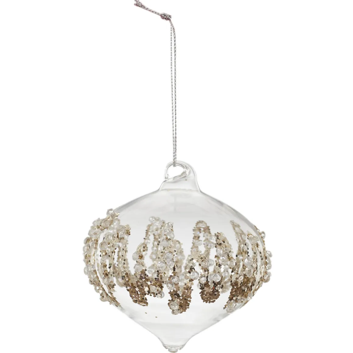 BOULE EN VERRE OIGNON PAILLETTES ET PERLES 8CM