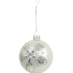 BOULE NOEL VERRE BLANCHE ET ARGENTE 8CM