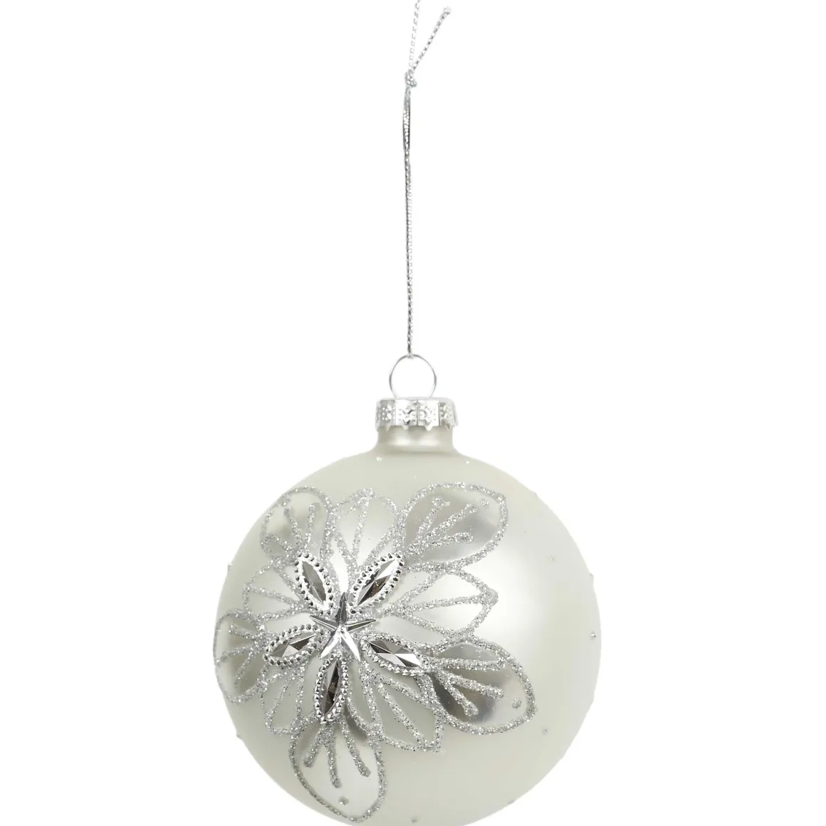 BOULE NOEL VERRE BLANCHE ET ARGENTE 8CM