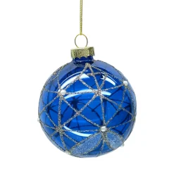 BOULE NOEL VERRE BLEU FILS DORES D8CM