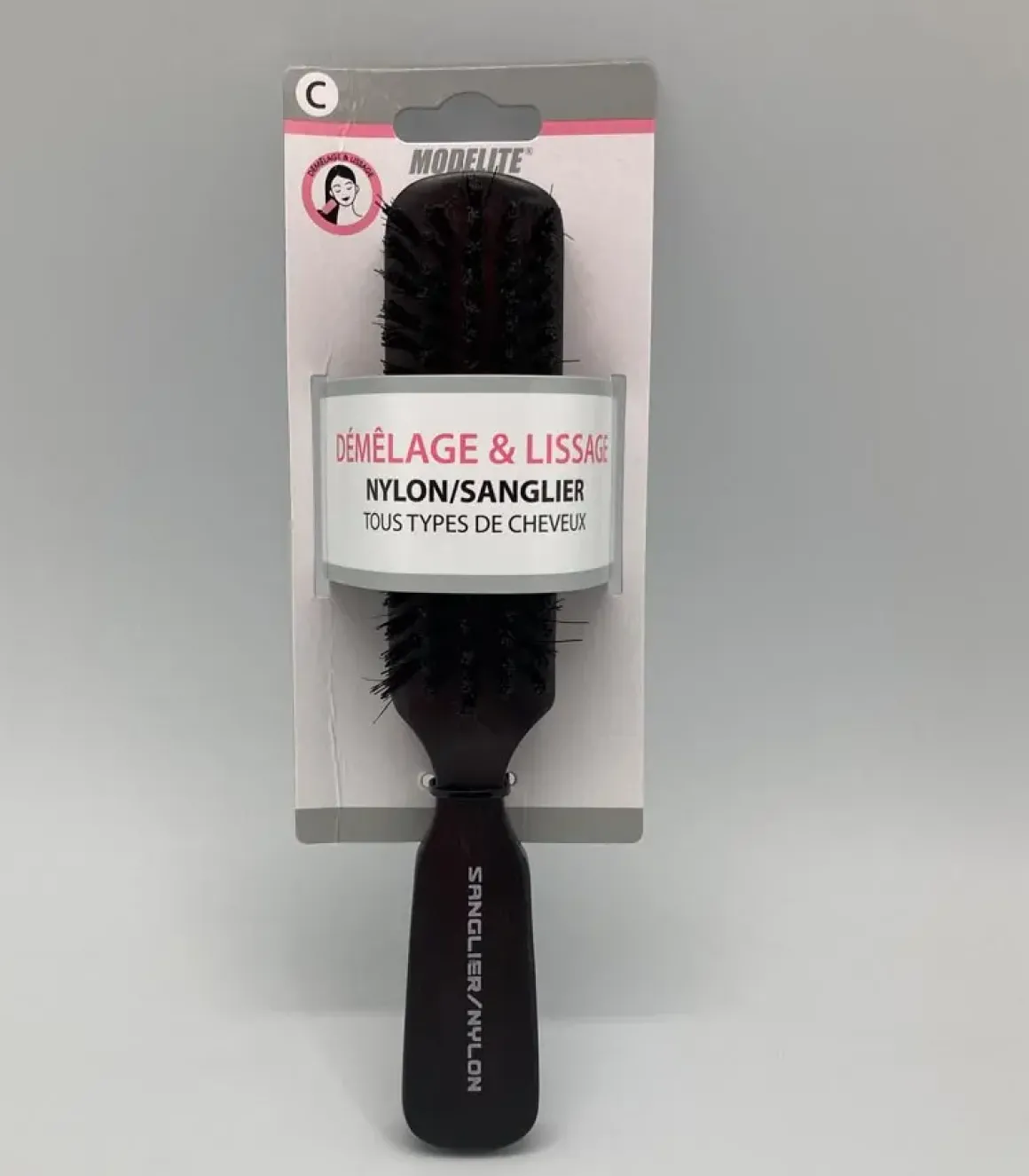 BROSSE PLATE BOIS PICOTS NYLON SANGLIER BOIS MARRON