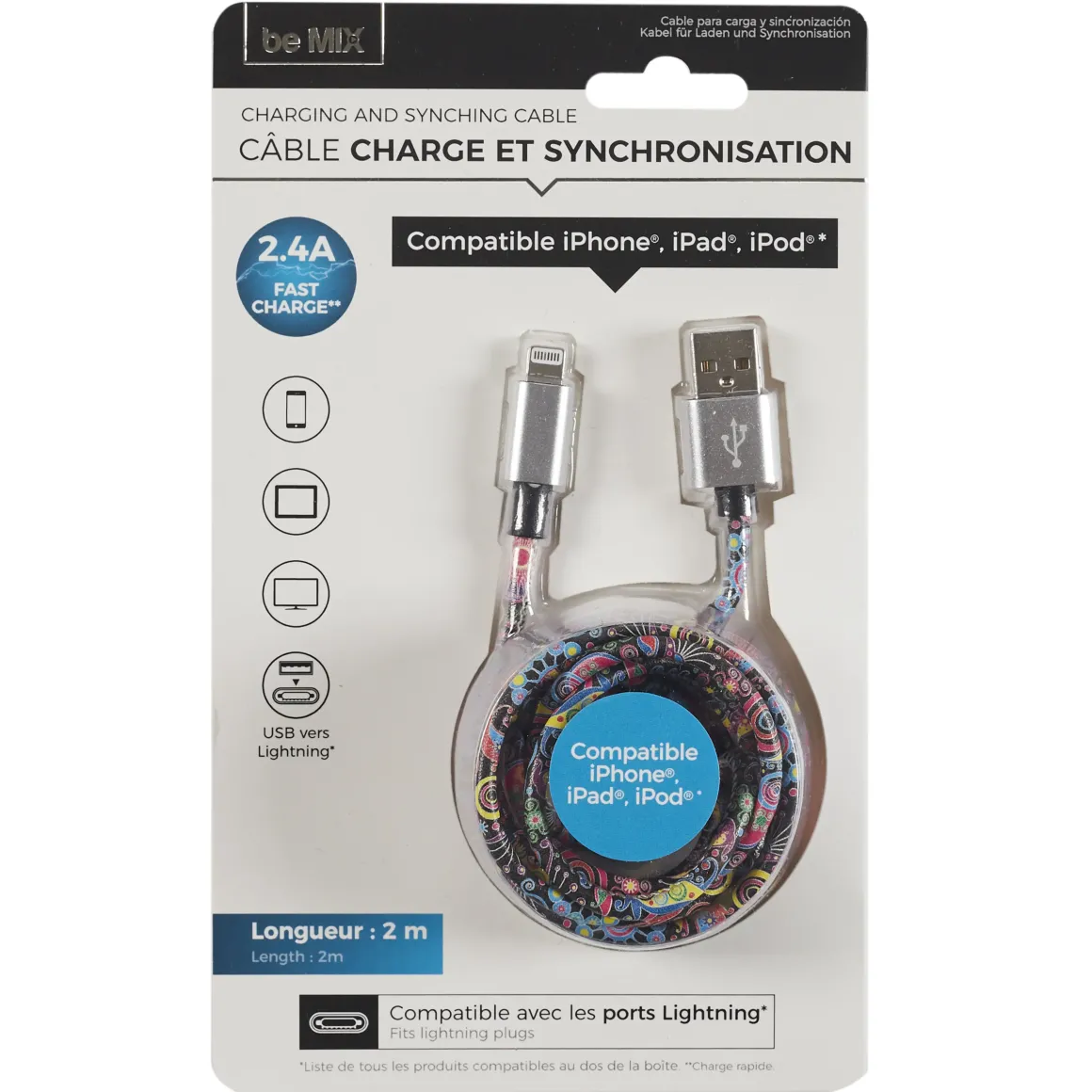 CABLE CHARGE ET SYNCHRONISATION IMPRIME LIGHTNING 3A 1M