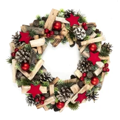 COURONNE DE NOEL VERT ROUGE ET BOIS 35CM