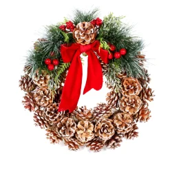 COURONNE EN POMMES DE PIN ET RUBAN 32CM