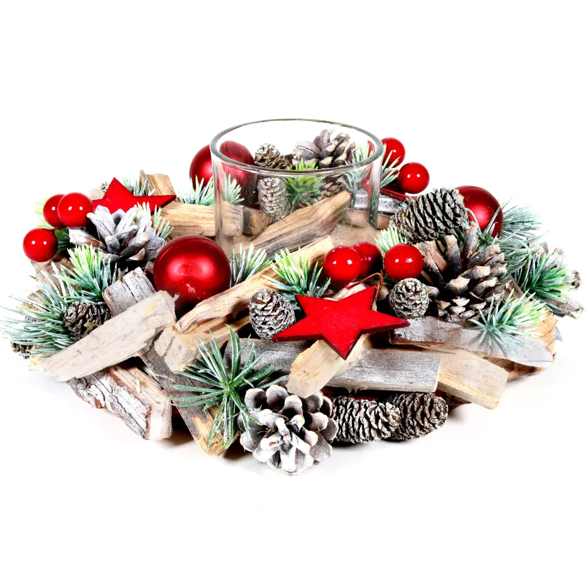 COURONNE PHOTOPHORE VERT ROUGE ET BOIS 24CM
