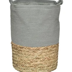 GRANDE PANIERE A LINGE RONDE MATIERE VEGETALE KAKI NATUREL