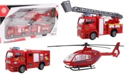 HELICOPTERE ET 2 VEHICULES POMPIER METAL