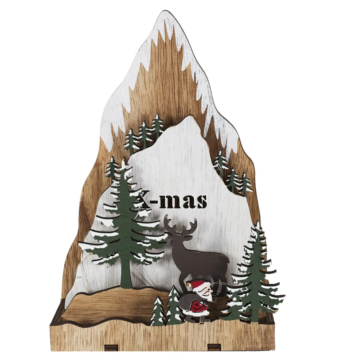 MONTAGNE BOIS AVEC SAPIN CERF ET PERE NOEL