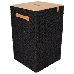 PANIERE LINGE PAPIER METAL COUVERCLE BAMBOU 33X33X53CM NOIR