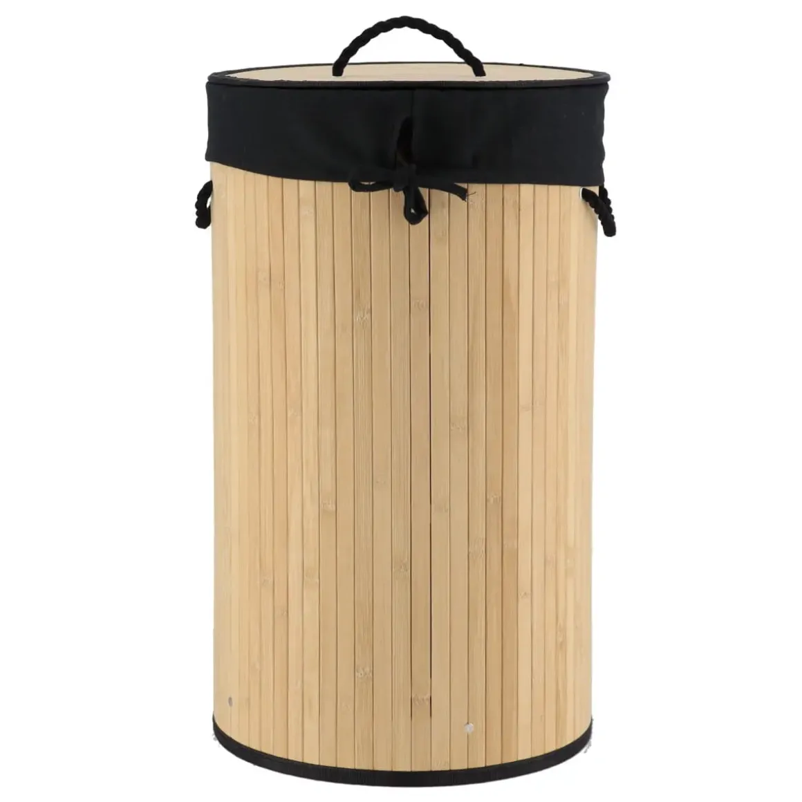 PANIERE LINGE RONDE PLIABLE BAMBOU TISSU LIN NOIR