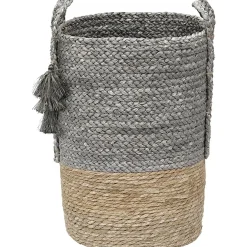 PANIERE MATIERE VEGETALE POMPONS D.33.5X45CM NATUREL GRIS