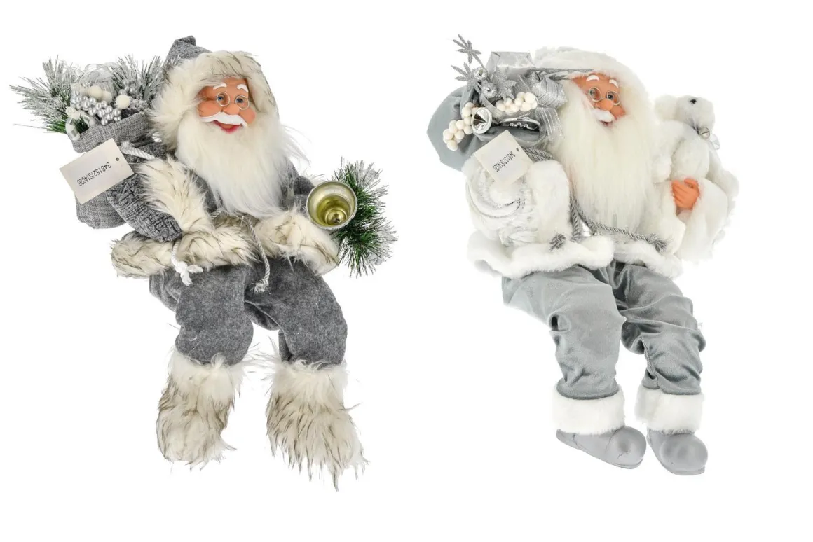 PERE NOEL 25X15X40CM ASSIS GRIS BLANC ET ARGENTE BLANC