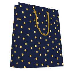 SAC CADEAUX POIS DORE CHAUD OR FOND MARINE 26X32CM