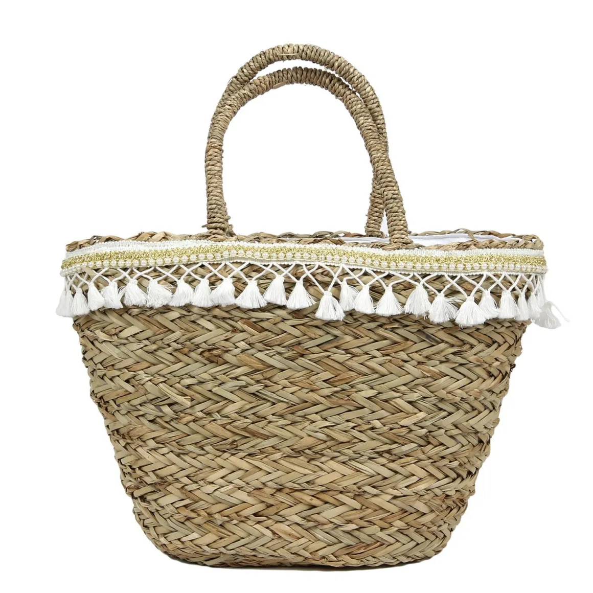 SAC DE PLAGE EN JONC DE MER POMPONS 51X29CM