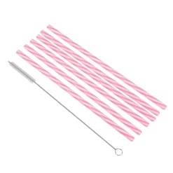 SET 6 PAILLES PLASTIQUE REUTILISABLE ROSE BLANC ET BROSSE
