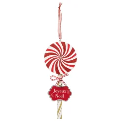 SUSPENSION BOIS BONBON ROND ROUGE BLANC 21CM