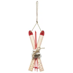 SUSPENSION BOIS SKI ROUGE ET NATUREL 17CM