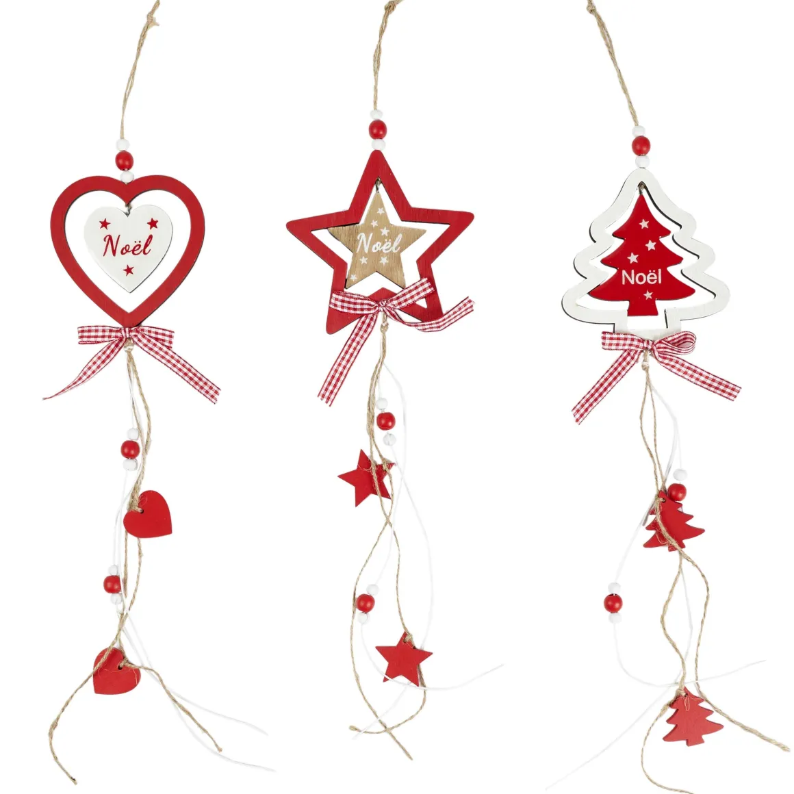 SUSPENSION SAPIN ETOILE ET COEUR ROUGE BLANC ET BOIS